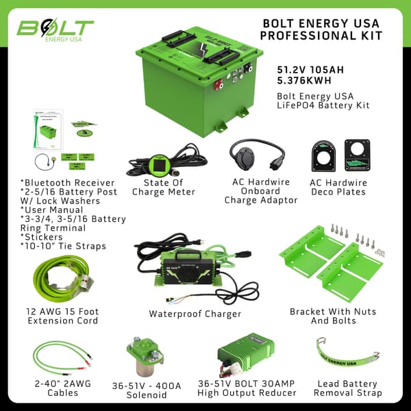 Bolt Energy Lithium Club Car DS, Precedent/Tempo, Onward 51V 105AH Square Professional Battery Kit