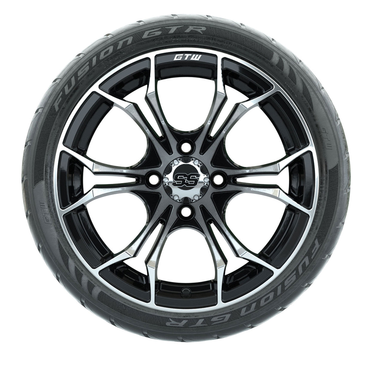 14-inch GTW Machined/Black Spyder Wheels with 205/40-14 Fusion GTR Steel Belted Tires (Set of 4)