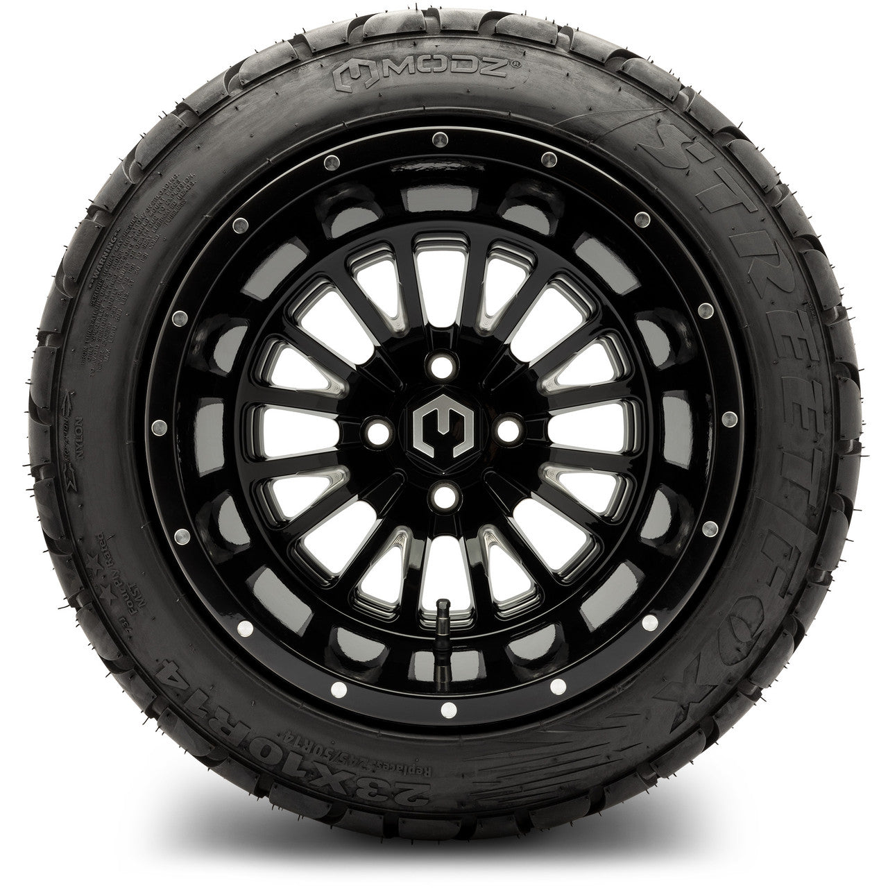 MODZ® 14x10" Assassin Glossy Black with Ball Mill - Lifted Tires and Wheels Combo
