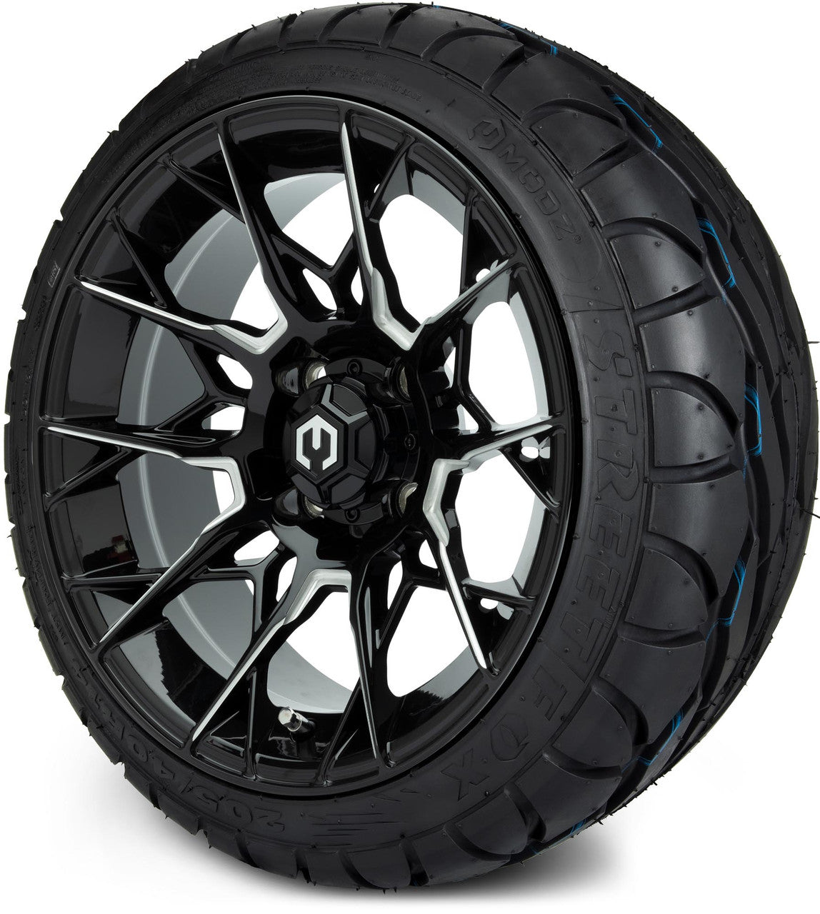MODZ® 14" Chaos Glossy Black with Ball Mill - Low Profile Tires and Wheels Combo
