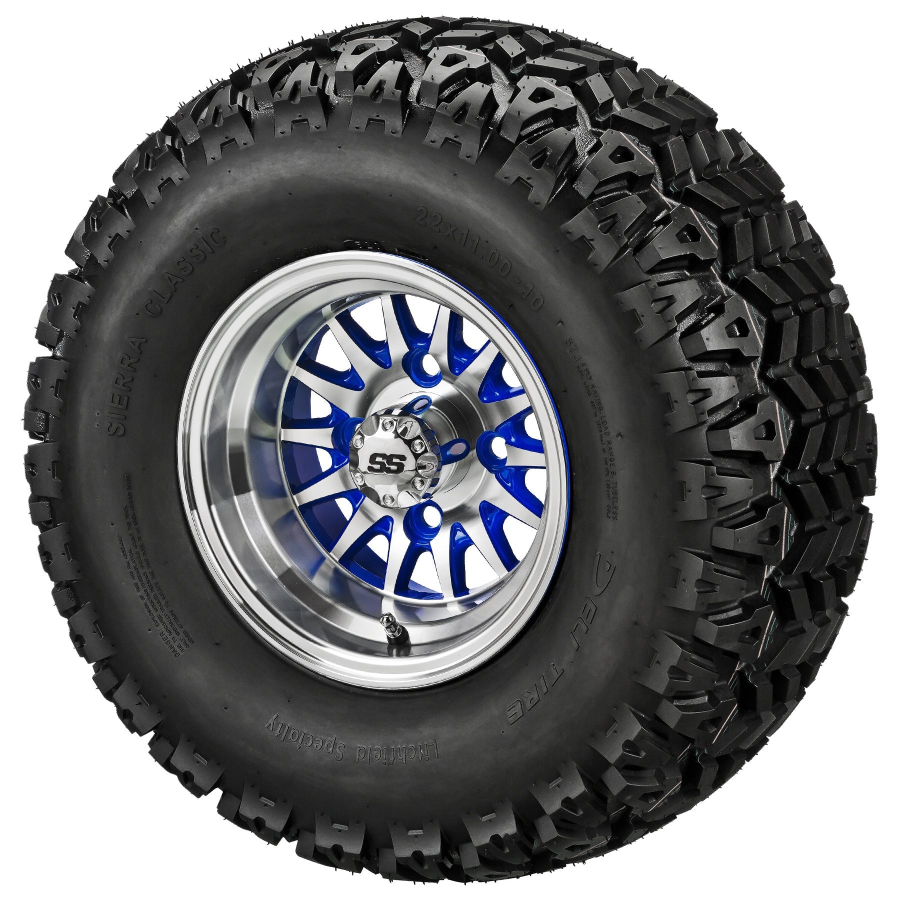LSI 10' 14-Spoke Blue & Machined Wheel and Lifted Tire Combo