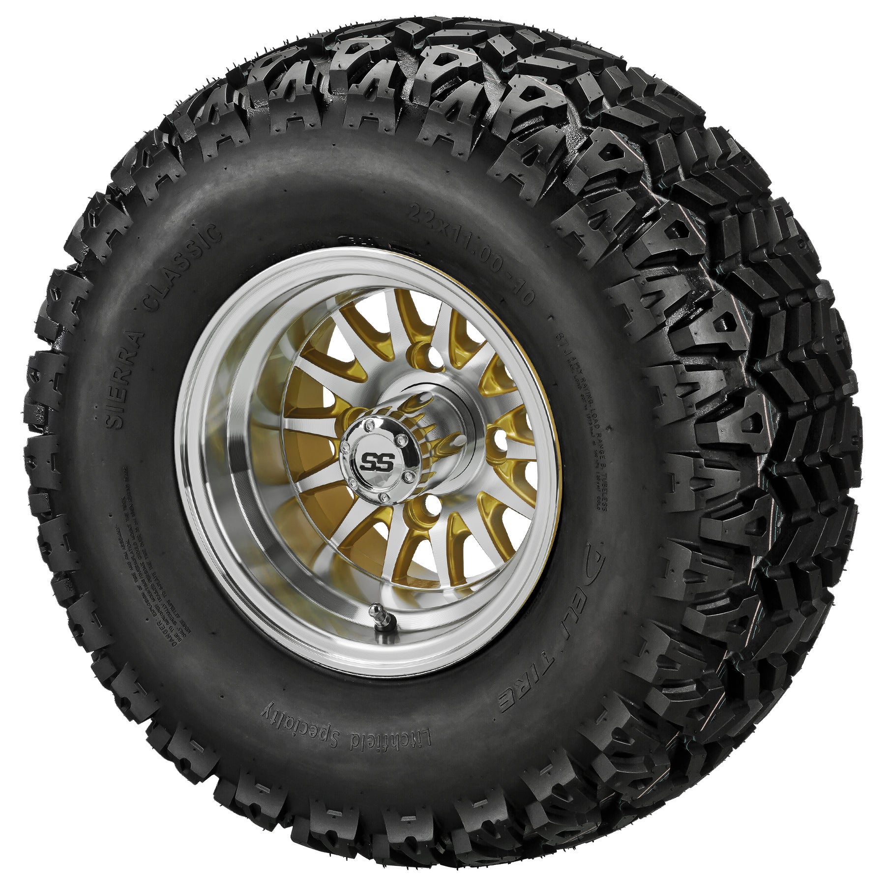 LSI 10' 14-Spoke Gold & Machined Wheel and Lifted Tire Combo