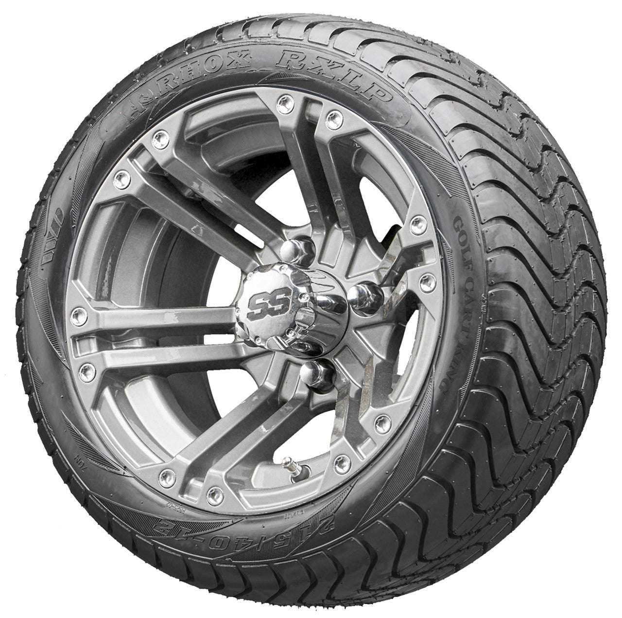 12" RHOX RX335 Gun Metal Gray Wheels and LowPro Tires Combo
