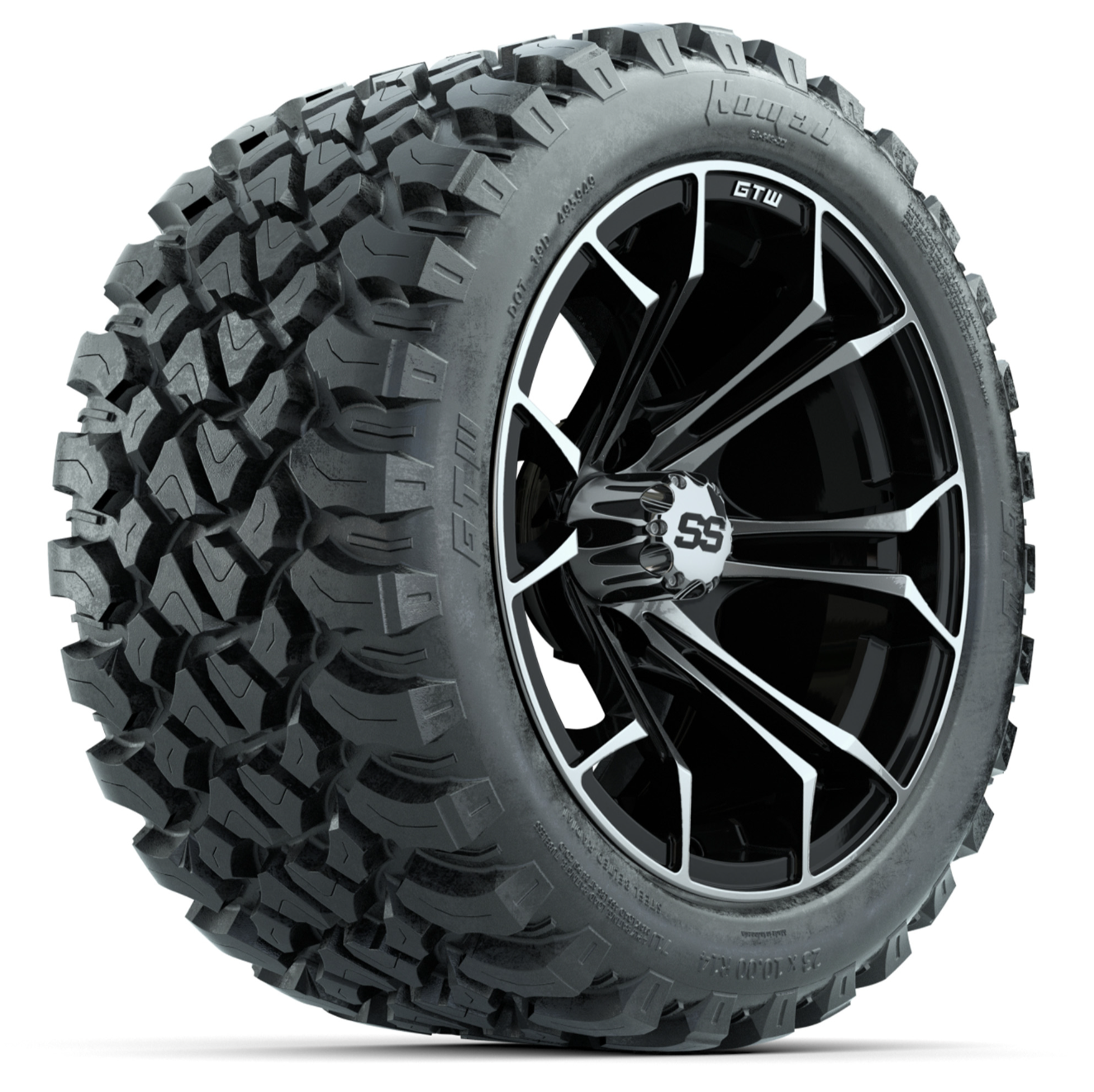 14-Inch GTW Spyder Machined and Black Wheels with 23x10-14 GTW Nomad All-Terrain Tires (Set of 4)
