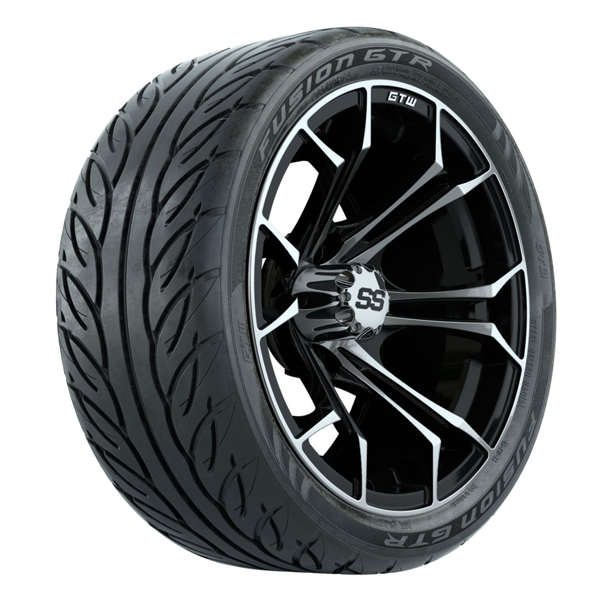 14-inch GTW Machined/Black Spyder Wheels with 205/40-14 Fusion GTR Steel Belted Tires (Set of 4)