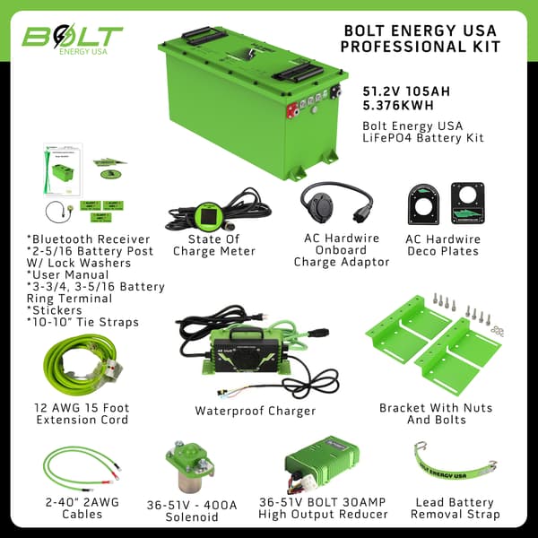 Bolt Energy Lithium EZGO TXT/Express 48V, 51V 105AH Thin Standard Lithium Battery Kit