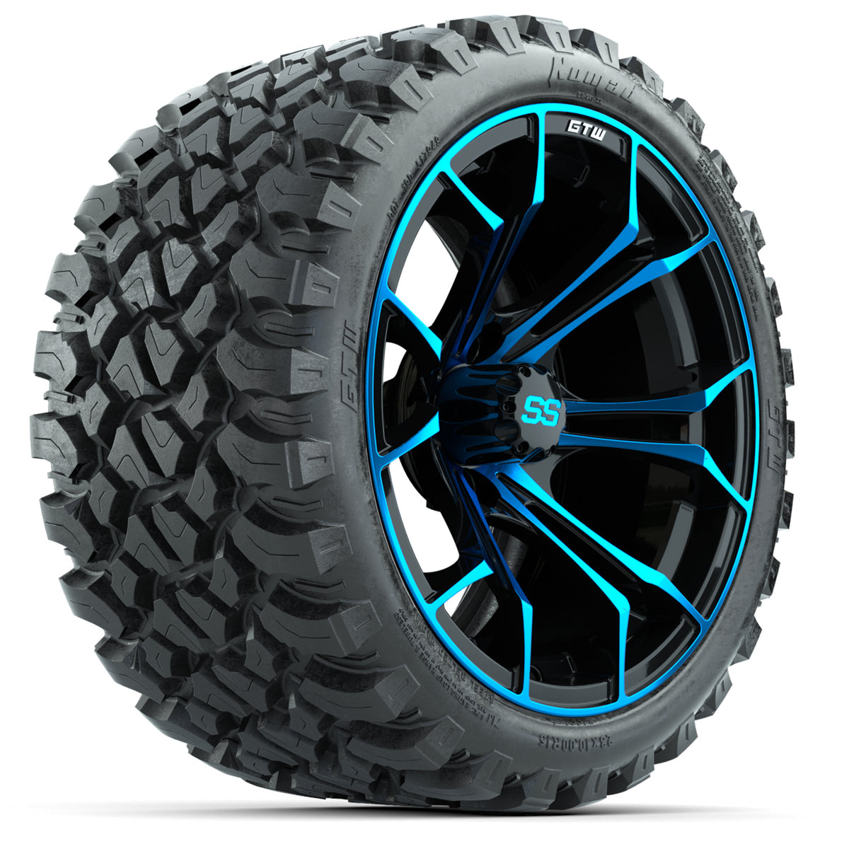 15-Inch GTW Spyder Blue and Black Wheels with GTW Nomad Off Road Tires (Set of 4)