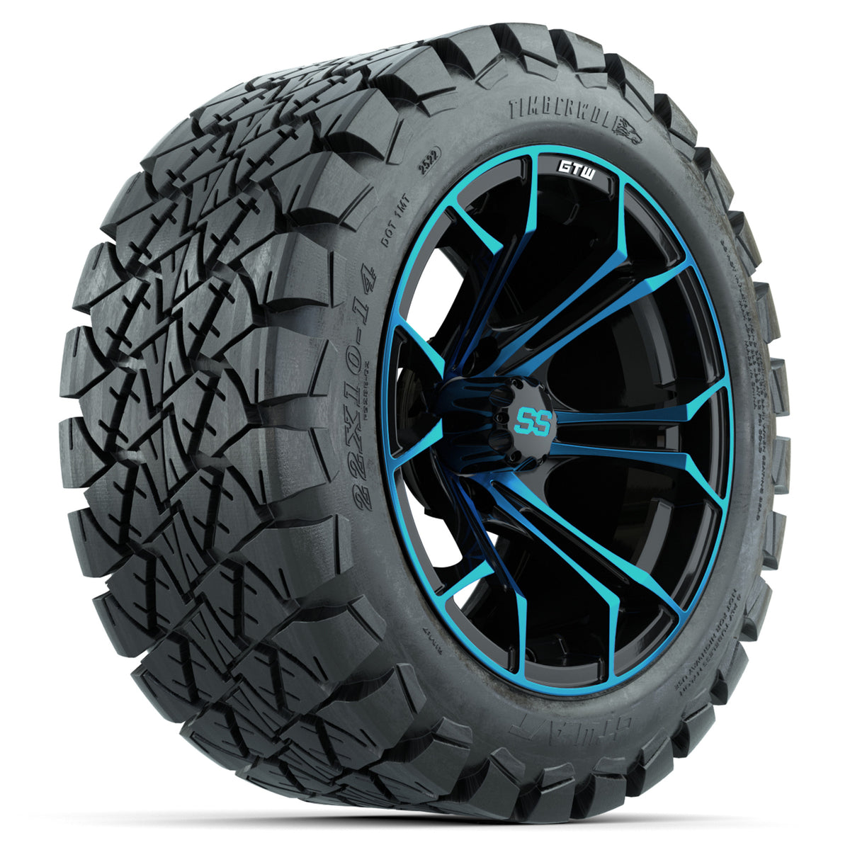 14-Inch GTW Spyder Blue and Black Wheels with 22x10-14 GTW Timberwolf All-Terrain Tires (Set of 4)