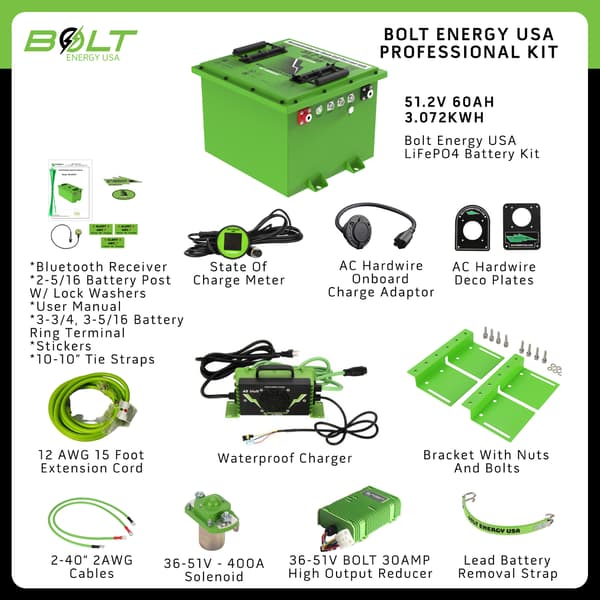 Bolt Energy Lithium Club Car DS, Precedent/Tempo, Onward 51V 60AH Professional Battery Kit