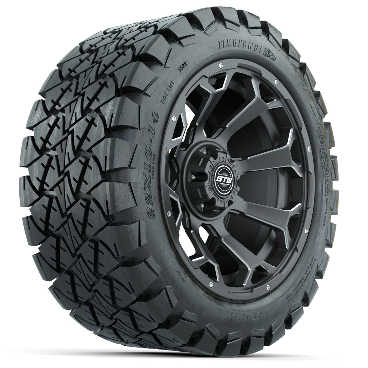 14-Inch GTW Raven Matte Gray and Ball Milled Wheels with 22x10-14 GTW Timberwolf All-Terrain Tires (Set of 4)