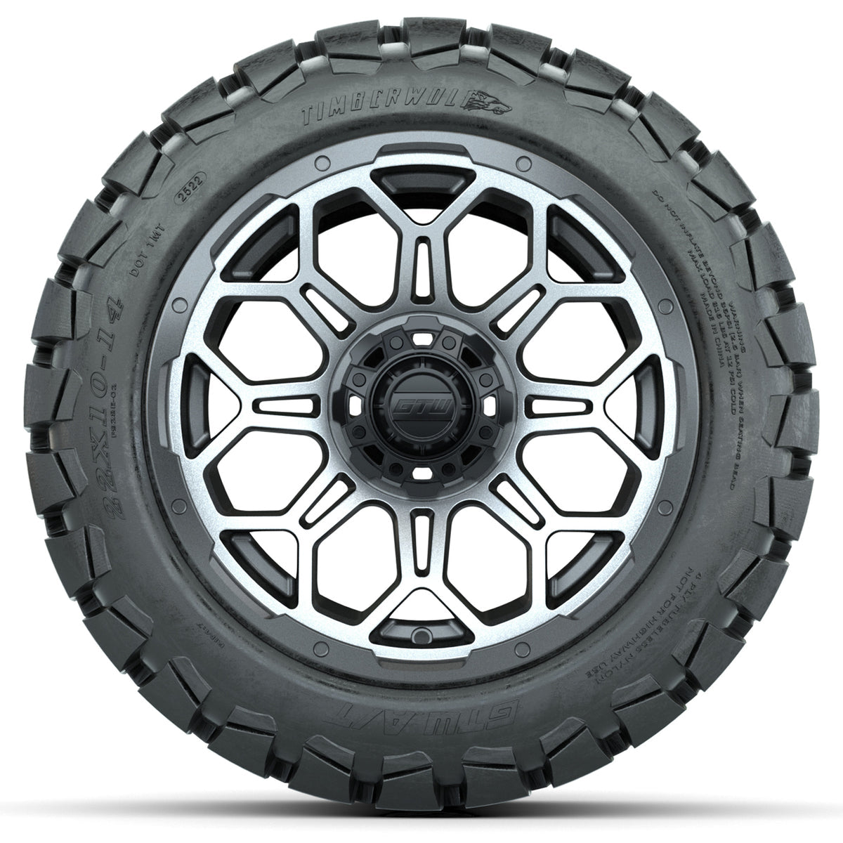 14-inch GTW Matte Machined and Gray Bravo Wheels with 22x10-14 GTW Timberwolf All-Terrain Tires (Set of 4)