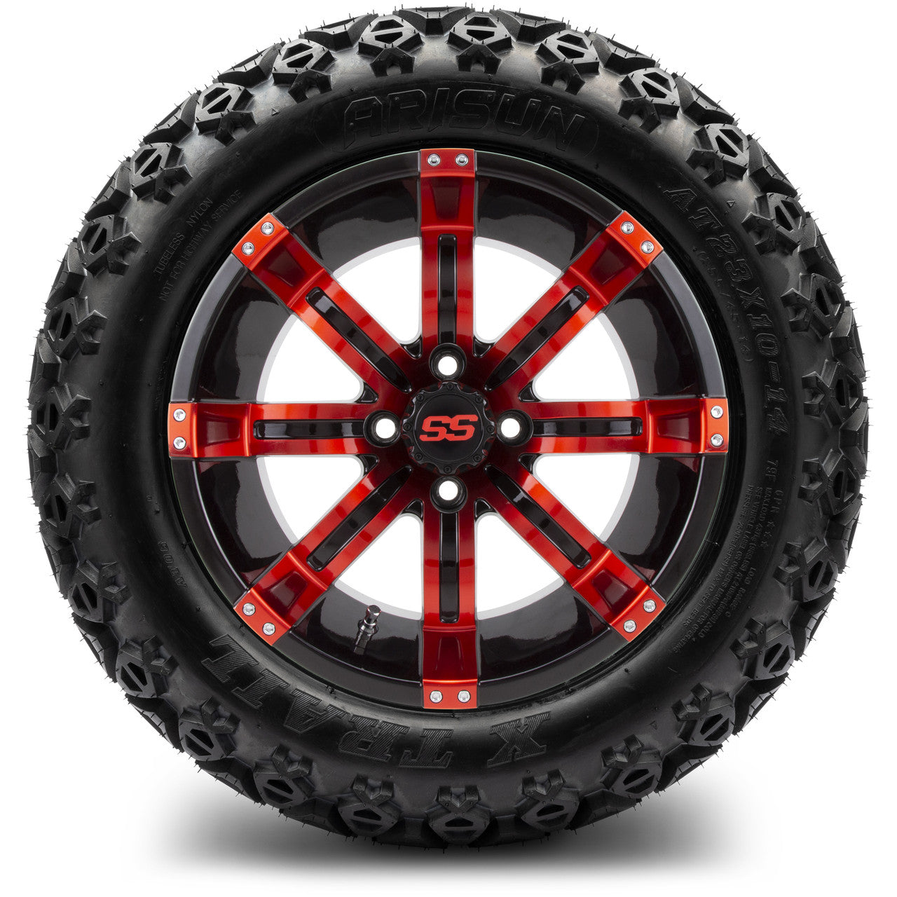 14" Tempest Red and Black Golf Cart Wheels, All Terrain Tires and a "6 Lift Kit Combo