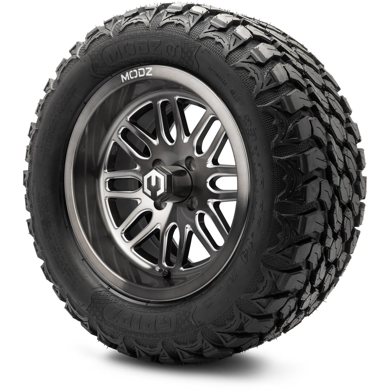 MODZ® 14" Mayhem Brushed Gunmetal with Ball Mill - Lifted Tires and Wheels Combo