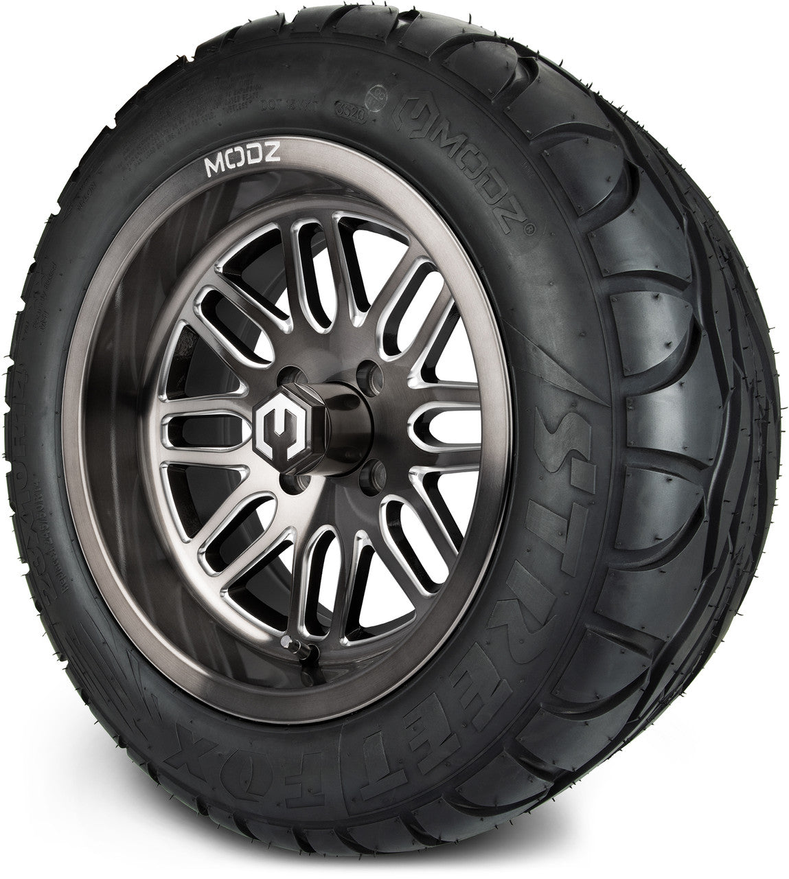 MODZ® 14" Mayhem Brushed Gunmetal with Ball Mill - Lifted Tires and Wheels Combo