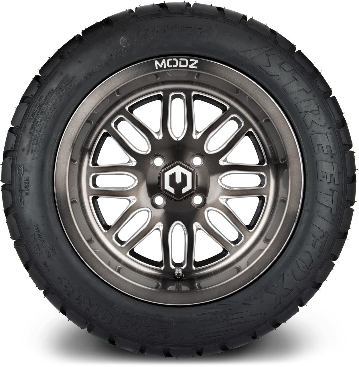MODZ® 14" Mayhem Brushed Gunmetal with Ball Mill - Lifted Tires and Wheels Combo