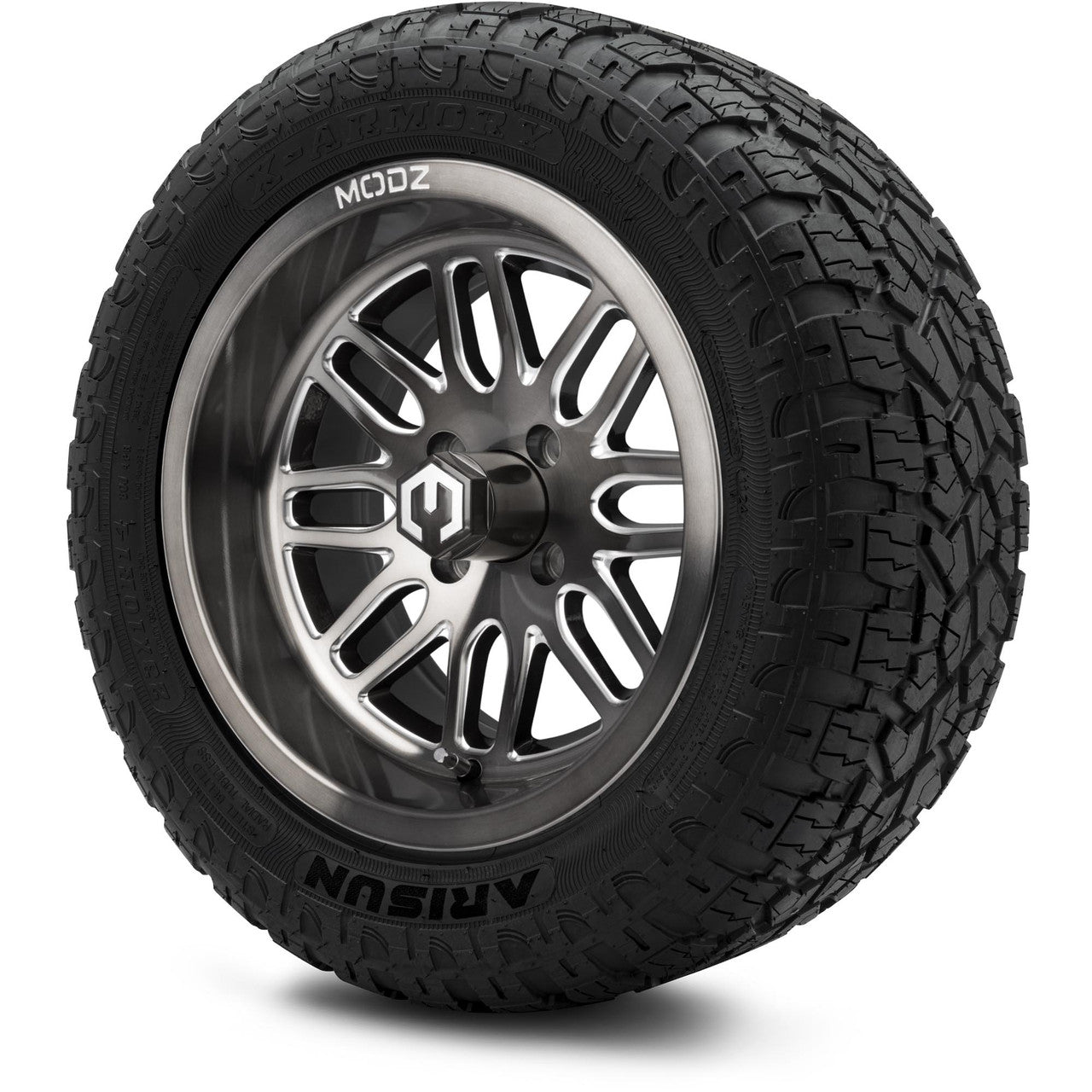 MODZ® 14" Mayhem Brushed Gunmetal with Ball Mill - Lifted Tires and Wheels Combo