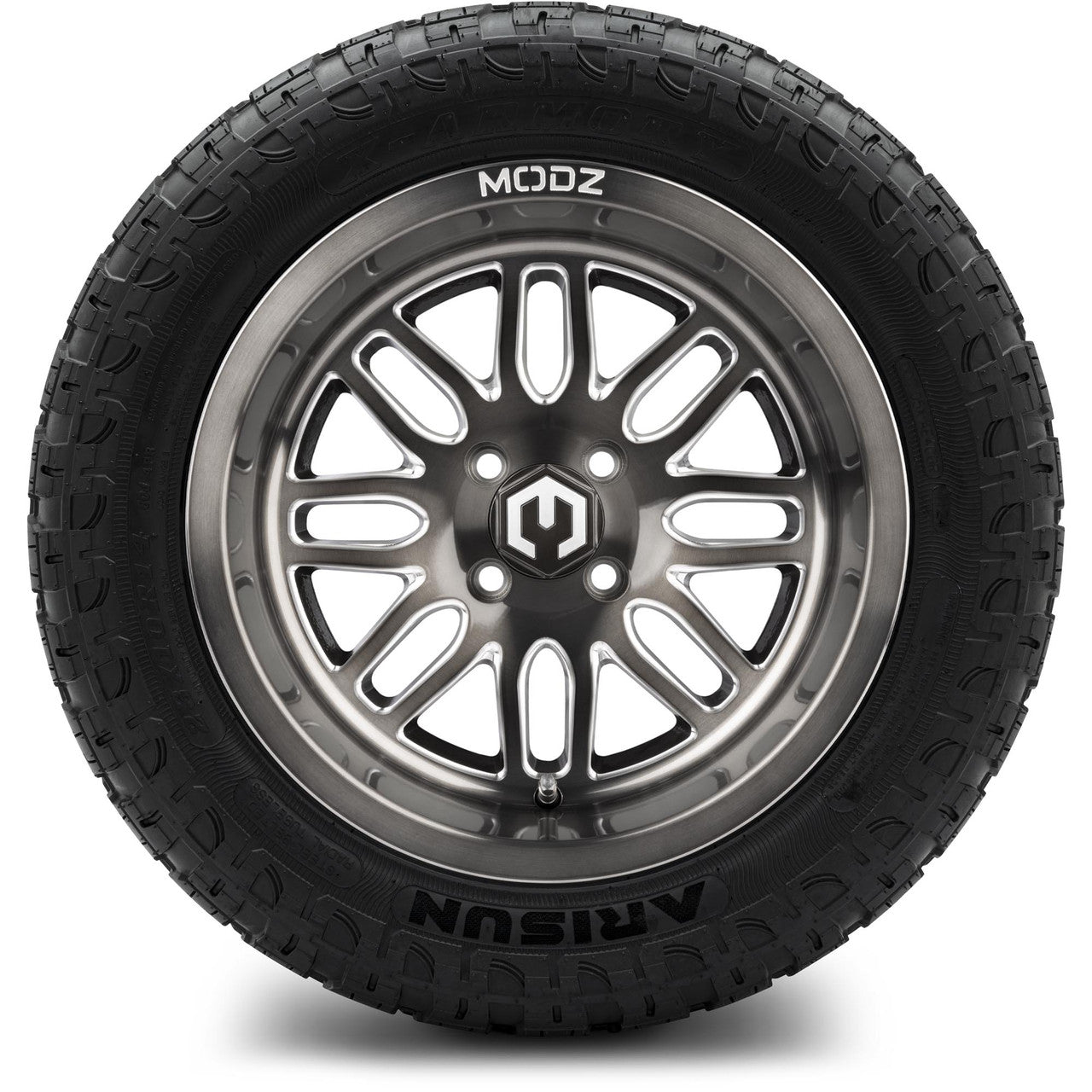 MODZ® 14" Mayhem Brushed Gunmetal with Ball Mill - Lifted Tires and Wheels Combo