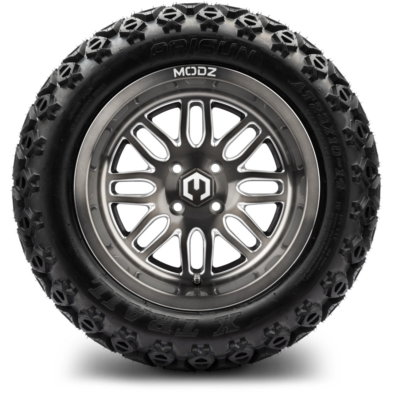 MODZ® 14" Mayhem Brushed Gunmetal with Ball Mill - Lifted Tires and Wheels Combo