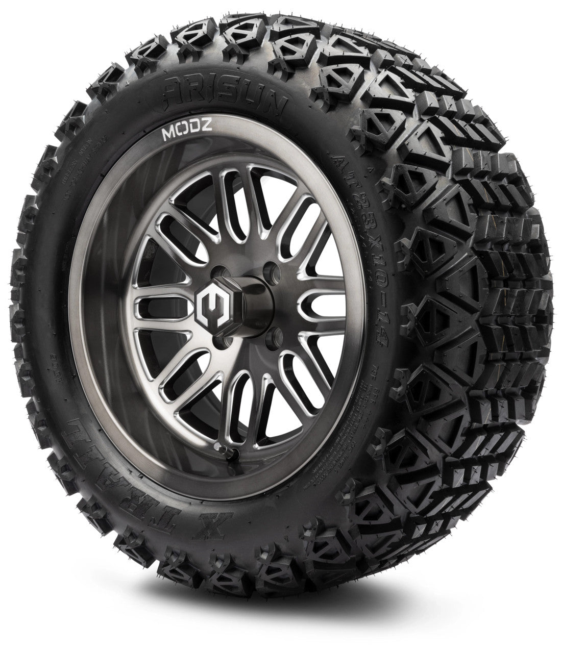 MODZ® 14" Mayhem Brushed Gunmetal with Ball Mill - Lifted Tires and Wheels Combo
