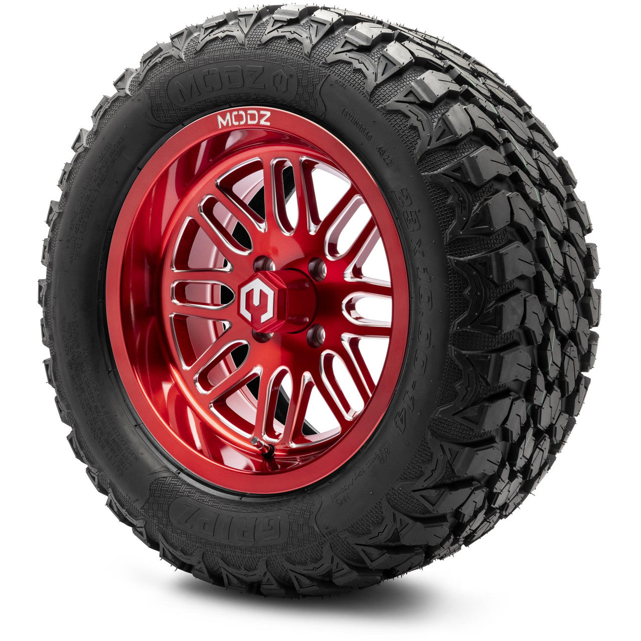 MODZ® 14" Mayhem Brushed Red with Ball Mill - Lifted Tires and Wheels Combo