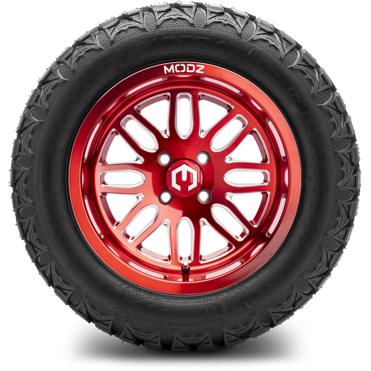 MODZ® 14" Mayhem Brushed Red with Ball Mill - Lifted Tires and Wheels Combo