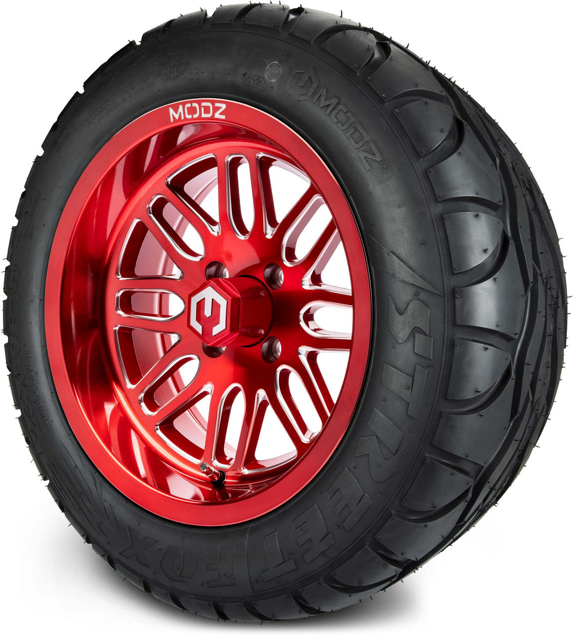 MODZ® 14" Mayhem Brushed Red with Ball Mill - Lifted Tires and Wheels Combo