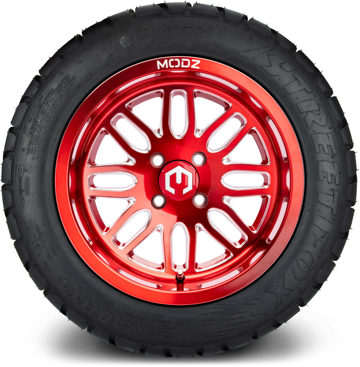 MODZ® 14" Mayhem Brushed Red with Ball Mill - Lifted Tires and Wheels Combo