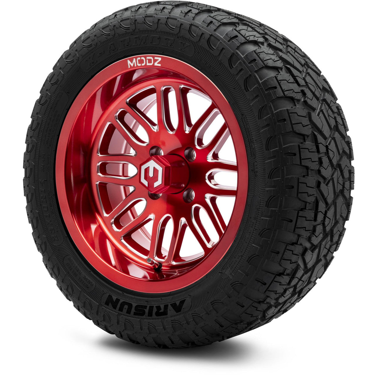MODZ® 14" Mayhem Brushed Red with Ball Mill - Lifted Tires and Wheels Combo