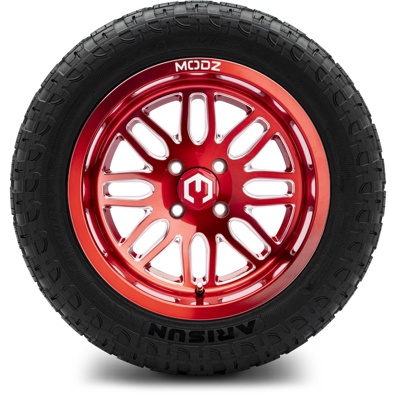 MODZ® 14" Mayhem Brushed Red with Ball Mill - Lifted Tires and Wheels Combo