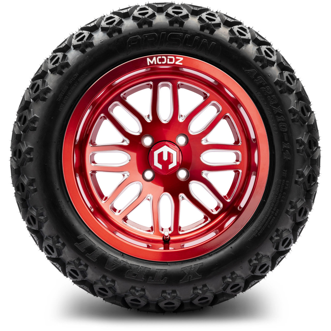 MODZ® 14" Mayhem Brushed Red with Ball Mill - Lifted Tires and Wheels Combo