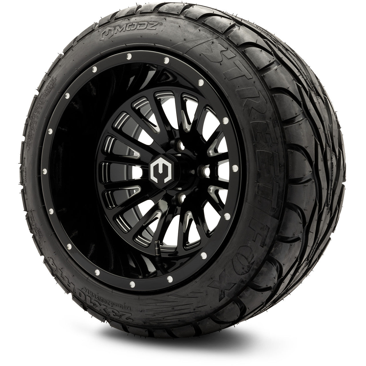 MODZ® 14x10" Assassin Glossy Black with Ball Mill - Lifted Tires and Wheels Combo