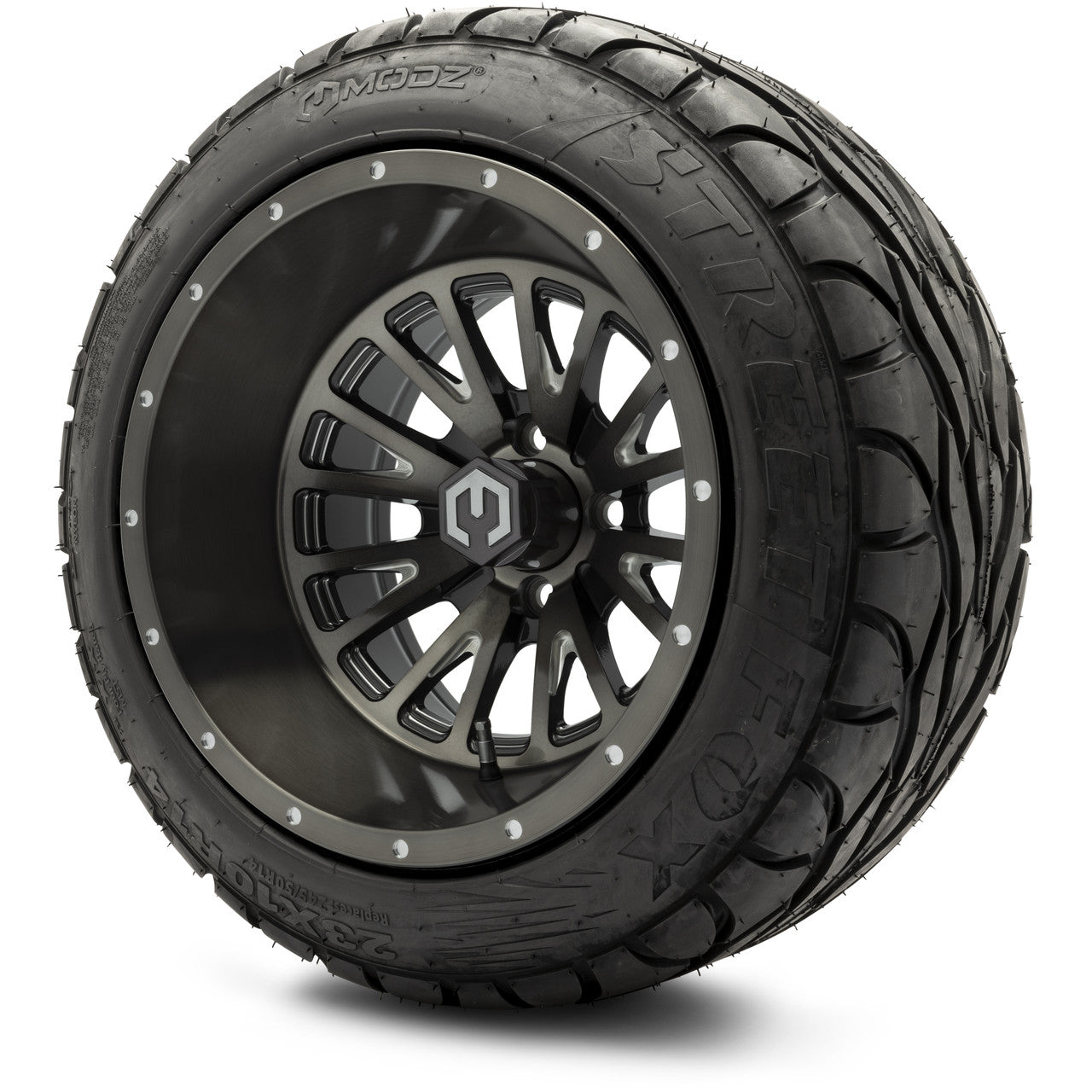MODZ® 14x10" Assassin Brushed Gunmetal with Ball Mill - Lifted Tires and Wheels Combo