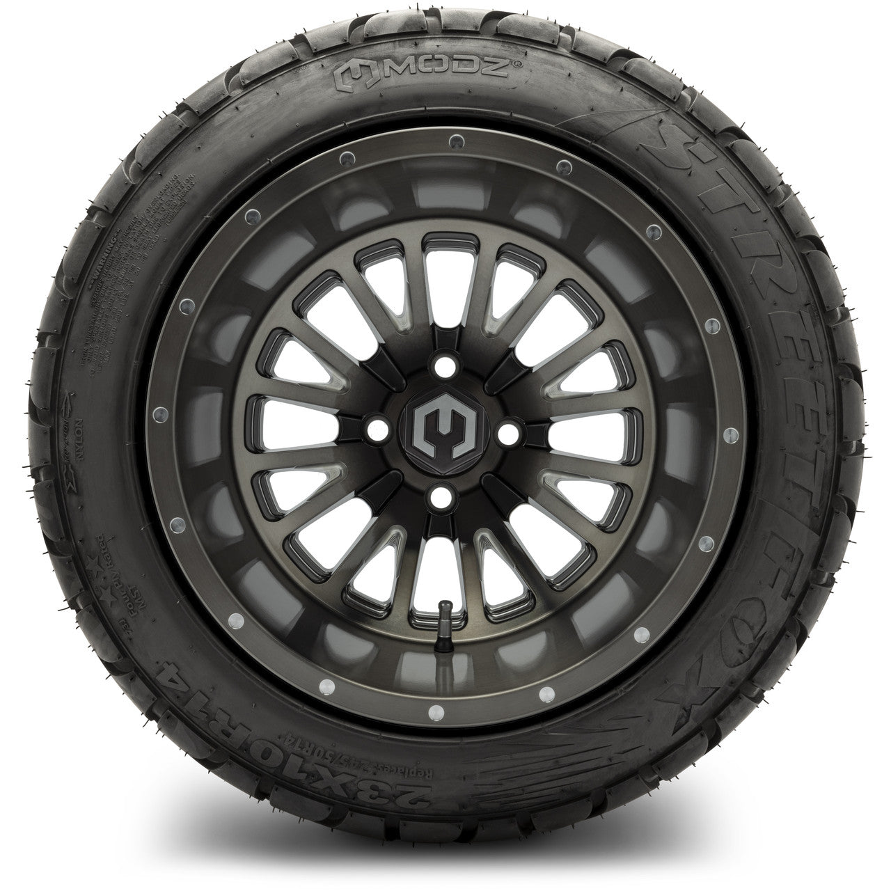 MODZ® 14x10" Assassin Brushed Gunmetal with Ball Mill - Lifted Tires and Wheels Combo