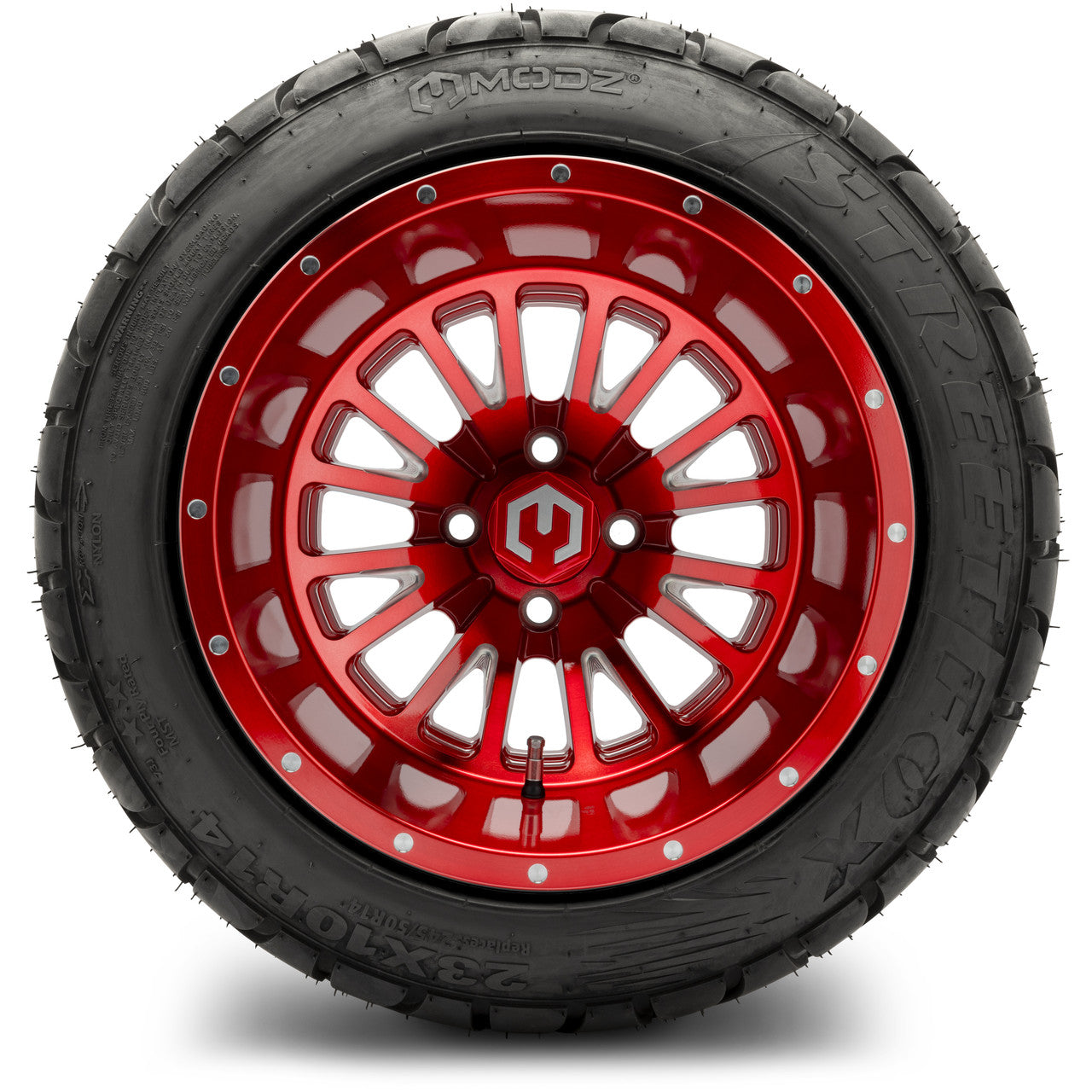 MODZ® 14x10" Assassin Brushed Red with Ball Mill - Lifted Tires and Wheels Combo
