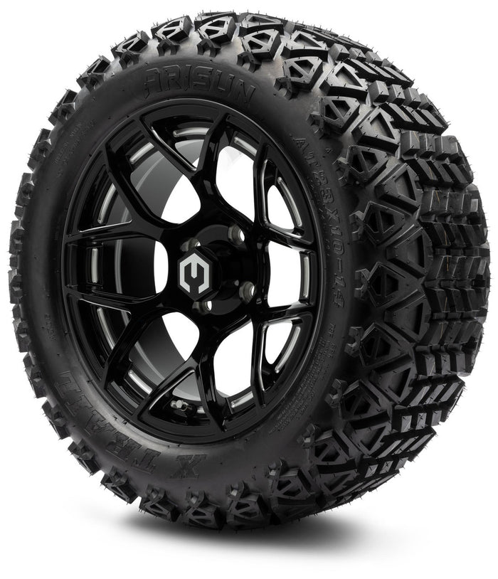 MODZ® 14" Renegade Glossy Black with Ball Mill - Lifted Tires and Wheels Combo
