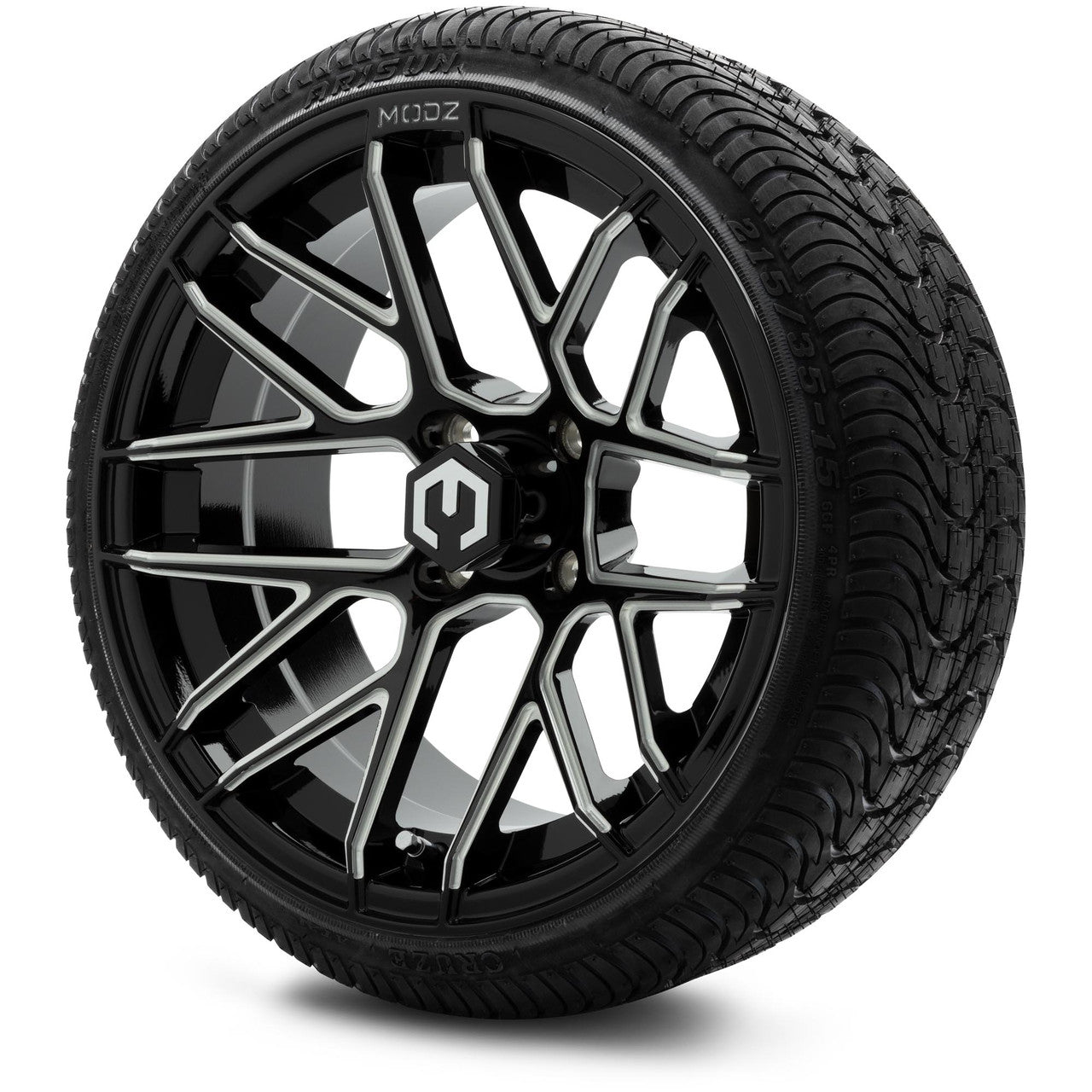 MODZ® 15" Matrix Glossy Black with Ball Mill - Low Profile Tires and Wheels Combo