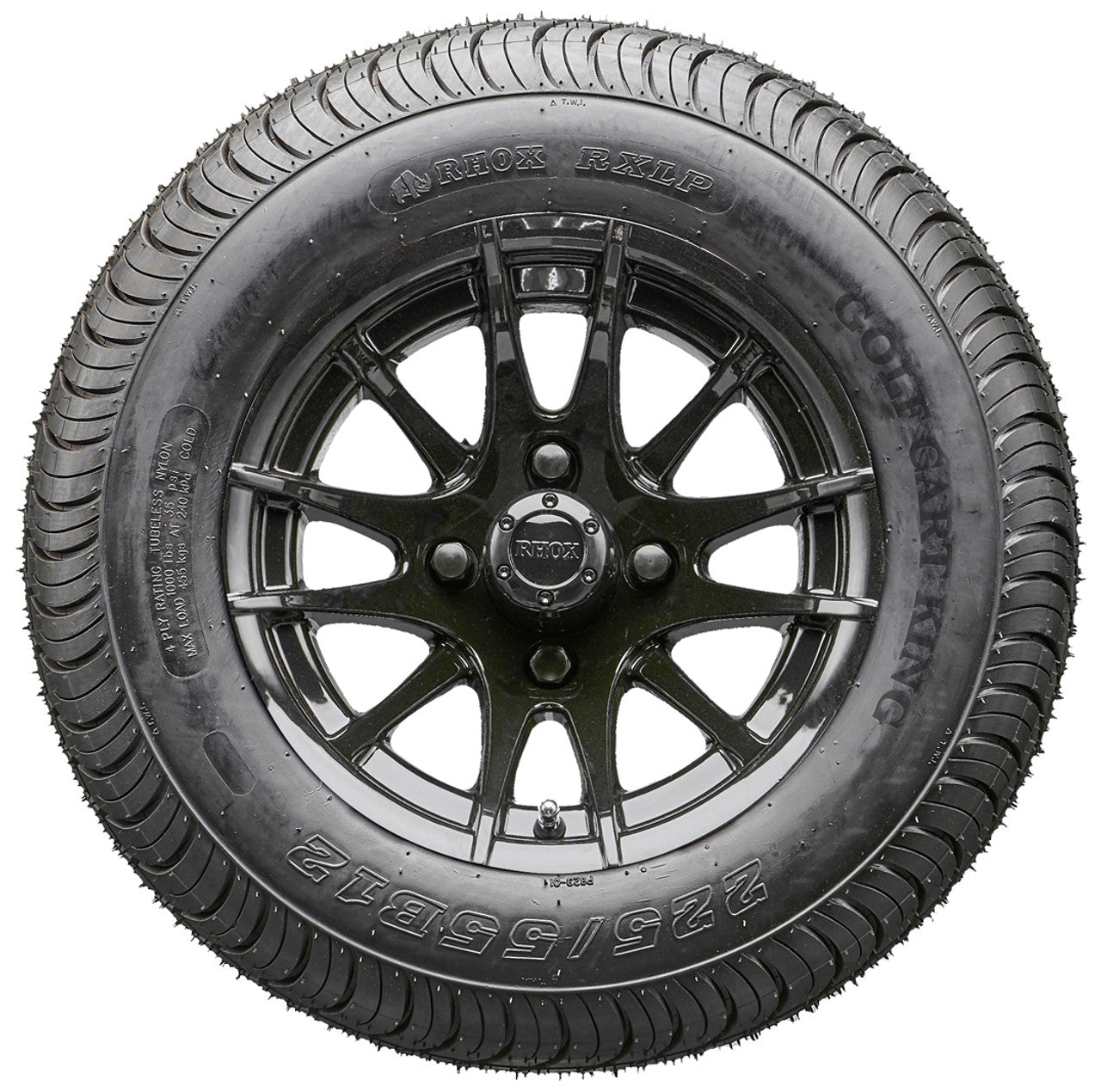 12" RHOX RX104 Black Wheels and LowPro Tires Combo