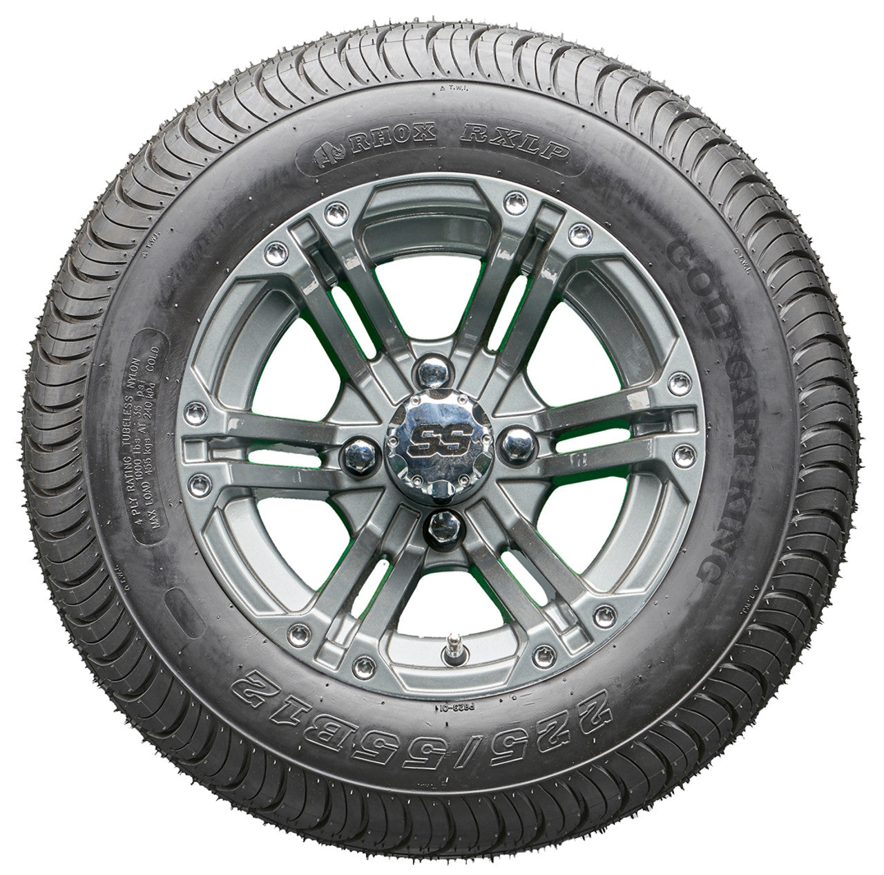 12" RHOX RX335 Gun Metal Gray Wheels and LowPro Tires Combo