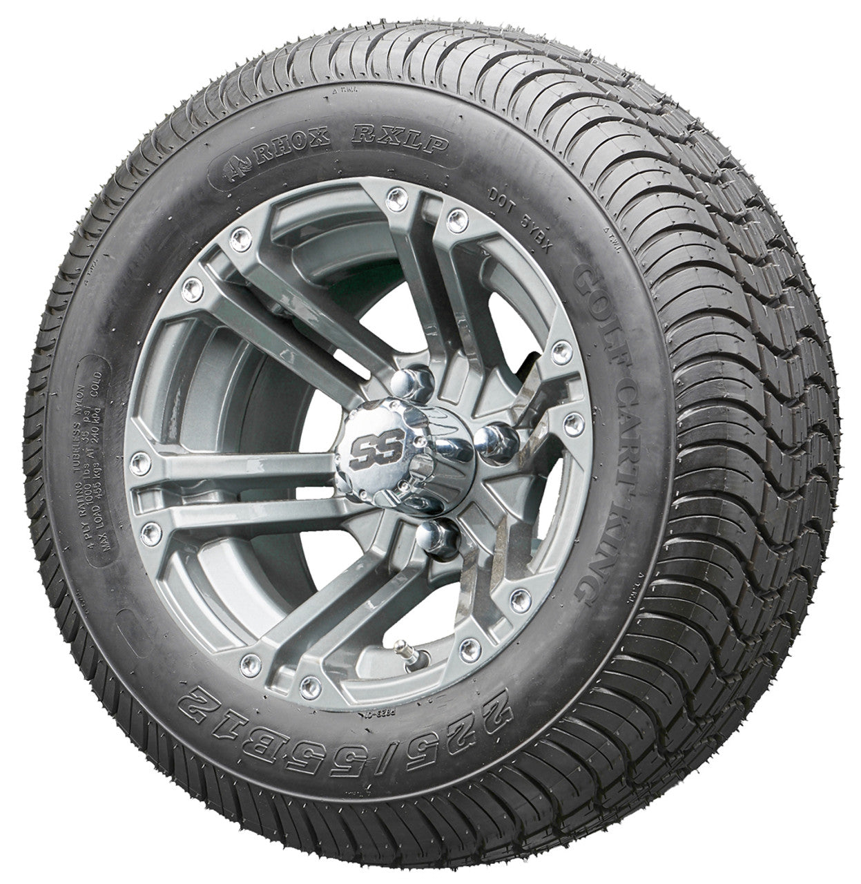 12" RHOX RX335 Gun Metal Gray Wheels and LowPro Tires Combo