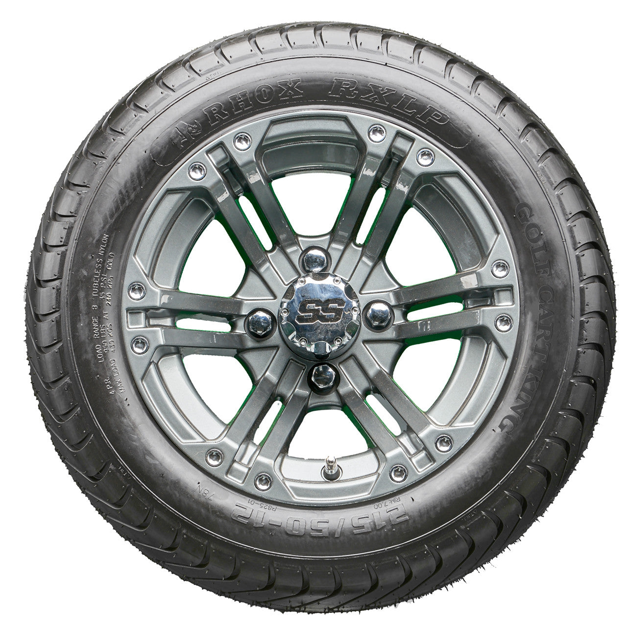 12" RHOX RX335 Gun Metal Gray Wheels and LowPro Tires Combo