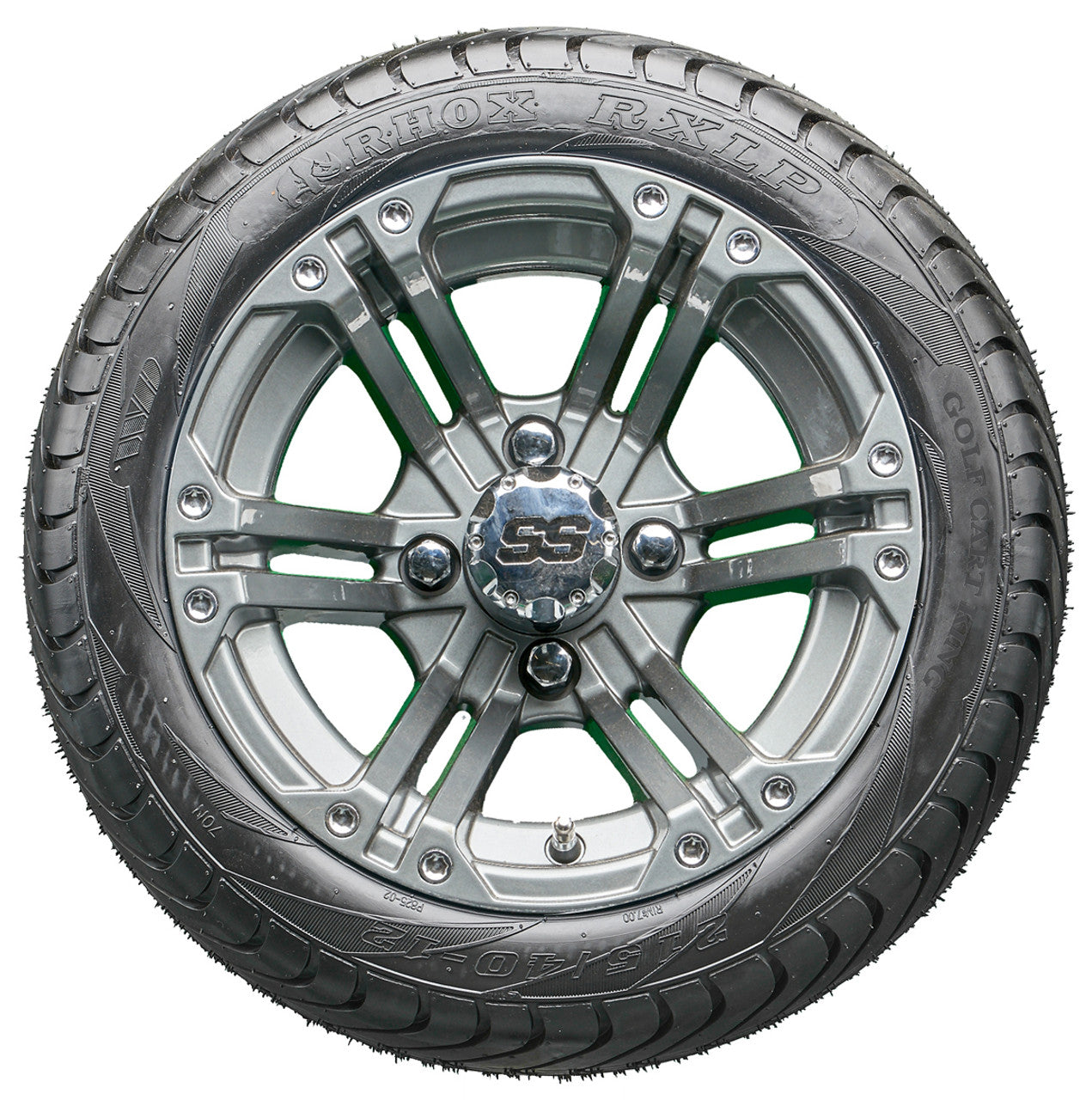 12" RHOX RX335 Gun Metal Gray Wheels and LowPro Tires Combo