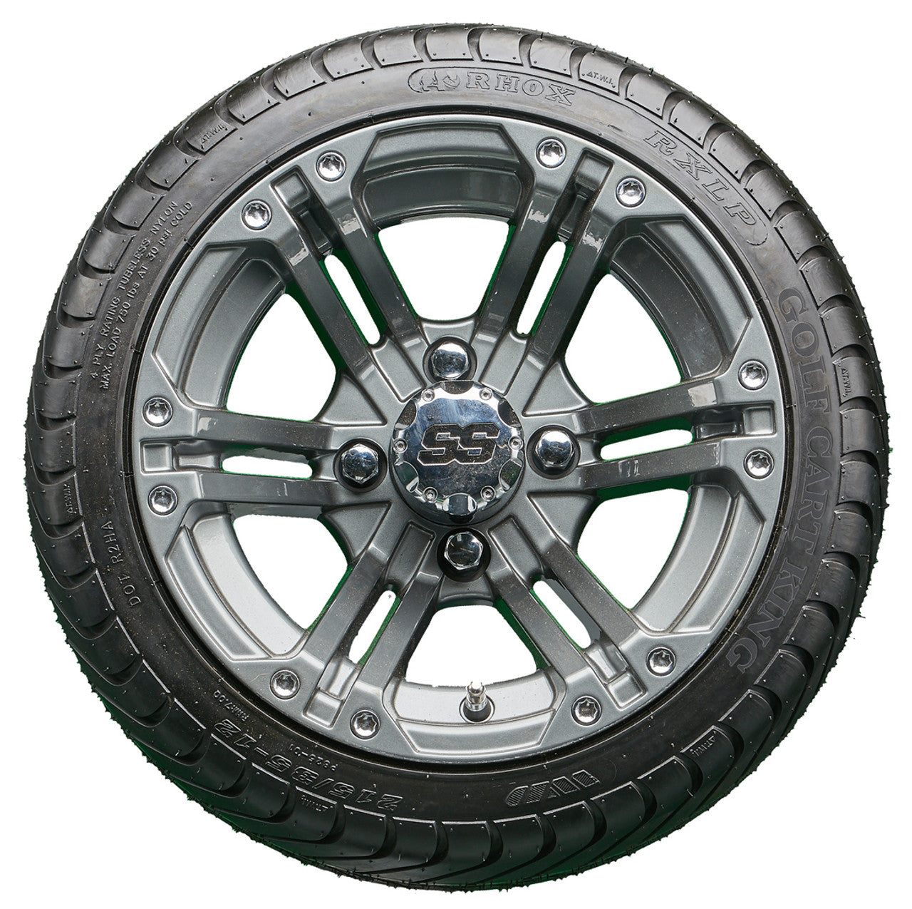 12" RHOX RX335 Gun Metal Gray Wheels and LowPro Tires Combo