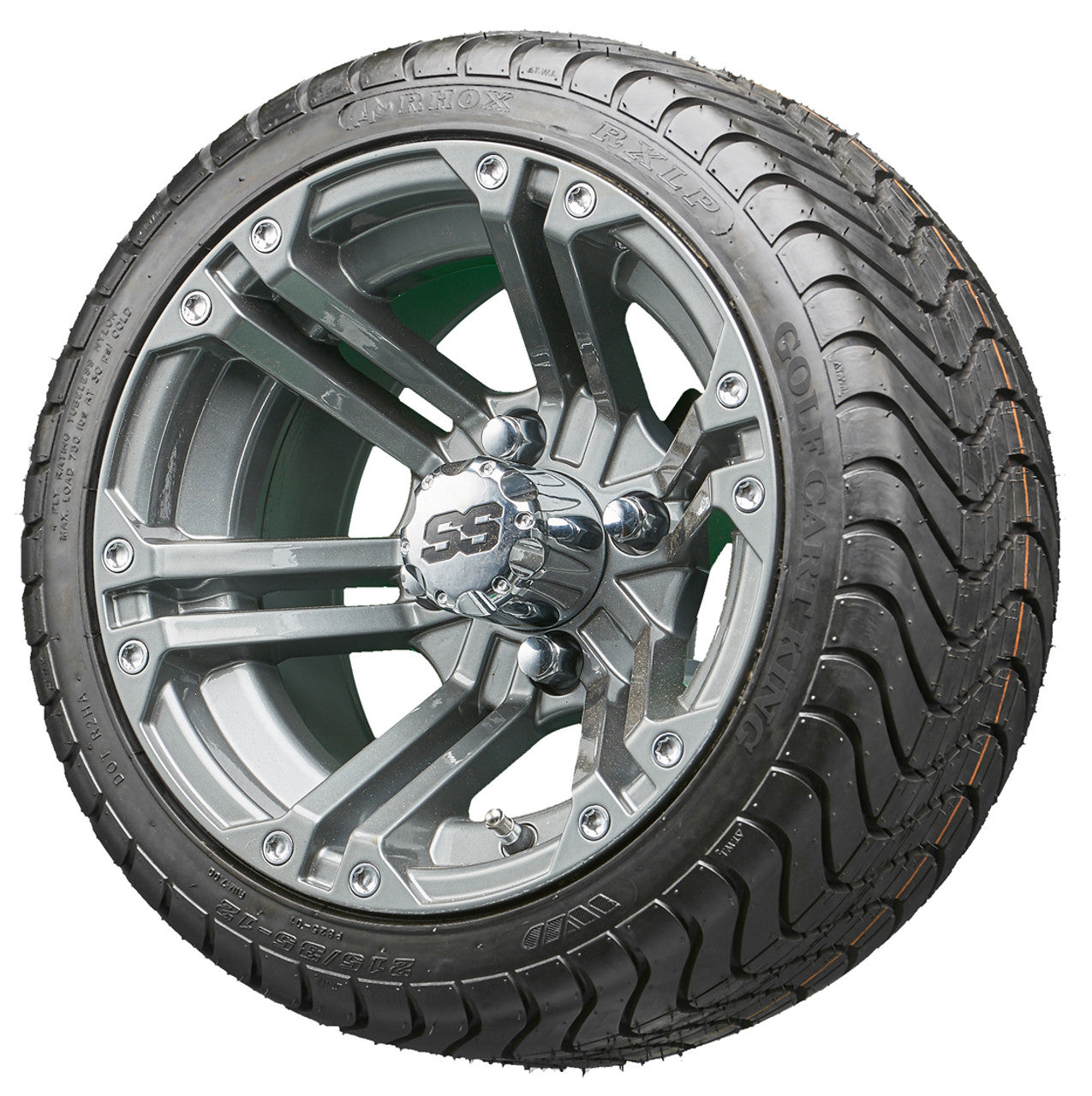 12" RHOX RX335 Gun Metal Gray Wheels and LowPro Tires Combo