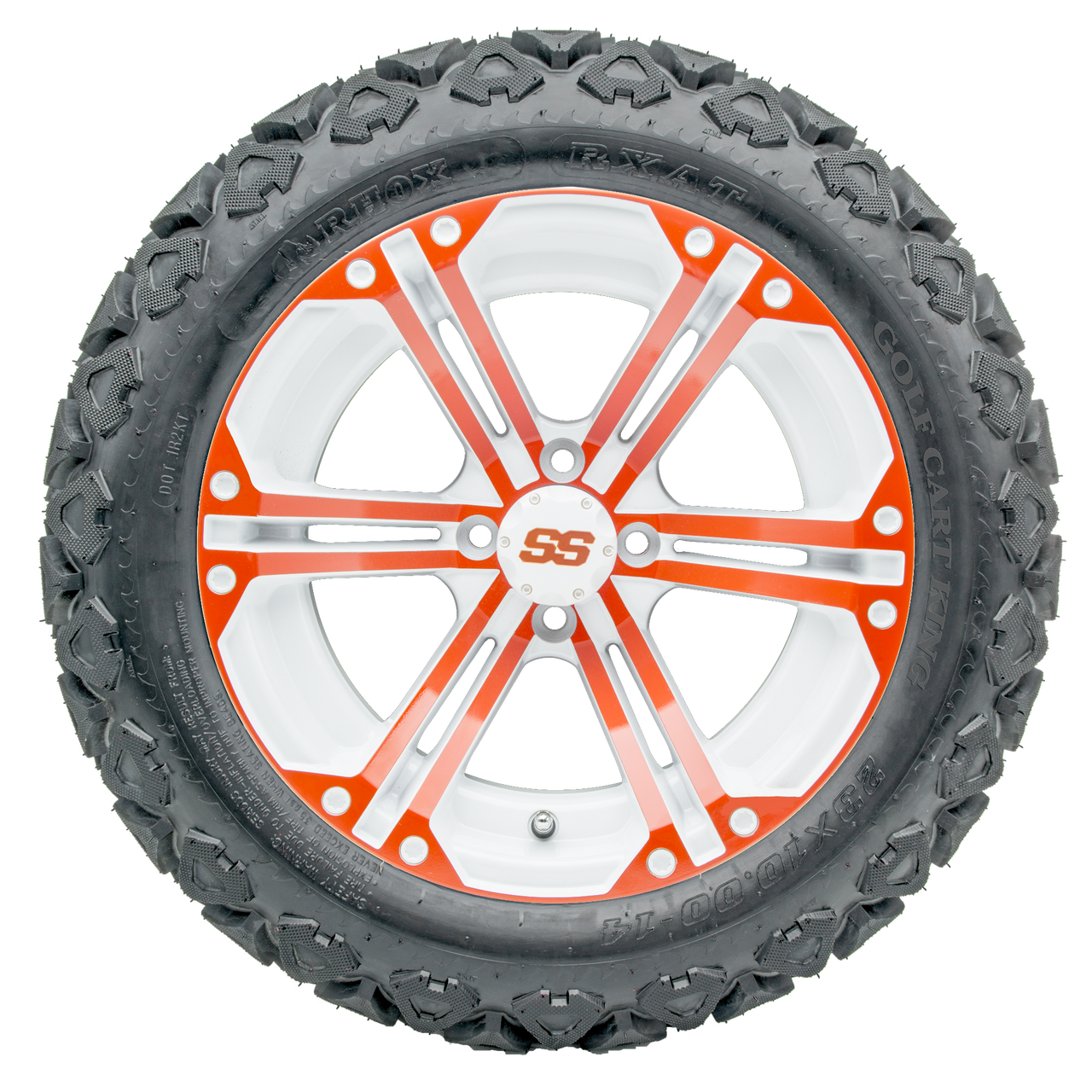 14" RHOX RX354-WO White and Orange Wheels and Lifted Tires Combo
