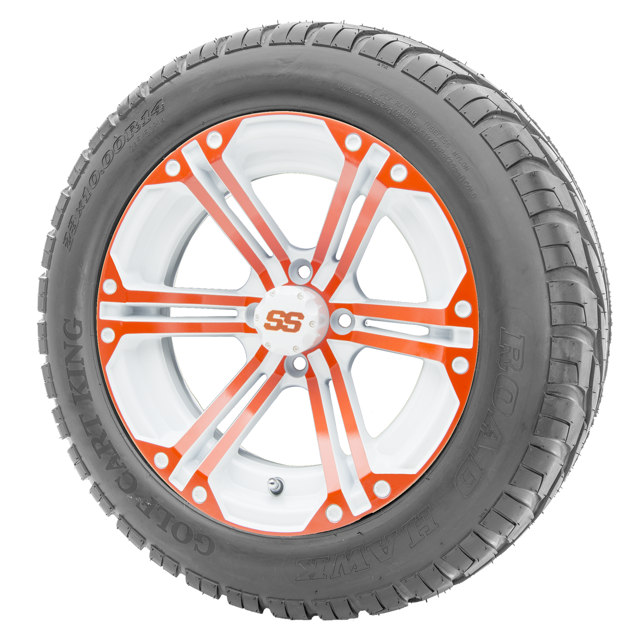 14" RHOX RX354-WO White and Orange Wheels and Lifted Tires Combo