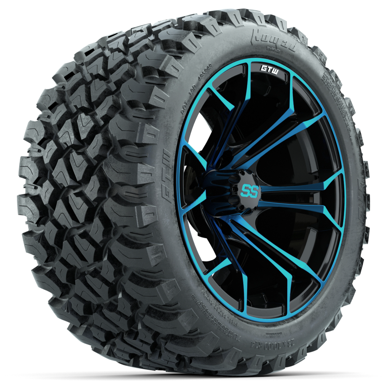 14-Inch GTW Spyder Blue and Black Wheels with 23x10-14 GTW Nomad All-Terrain Tires (Set of 4)