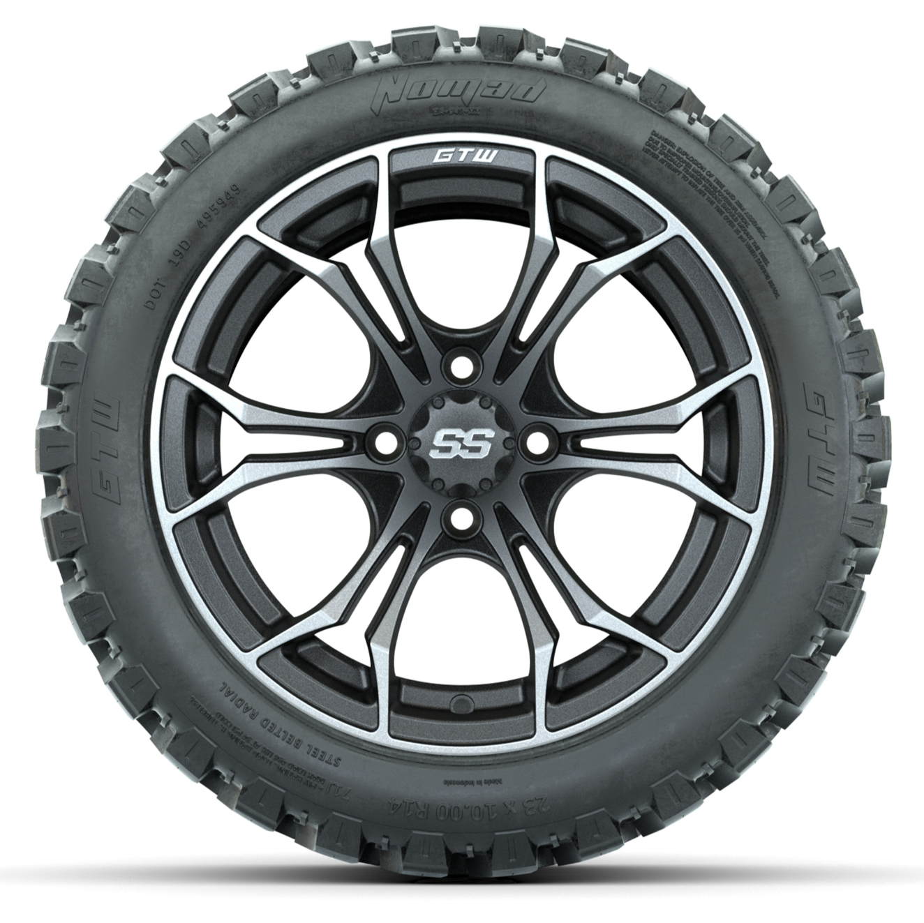 14-Inch GTW Spyder Matte Gray Wheels with 23x10-14 GTW Nomad All-Terrain Tires (Set of 4)