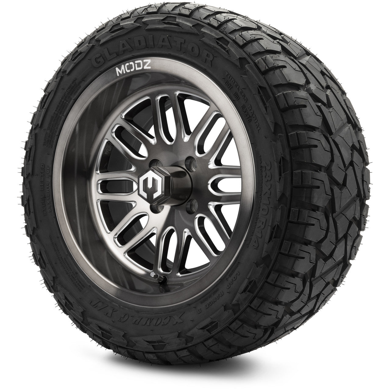 MODZ® 14" Mayhem Brushed Gunmetal with Ball Mill - Lifted Tires and Wheels Combo