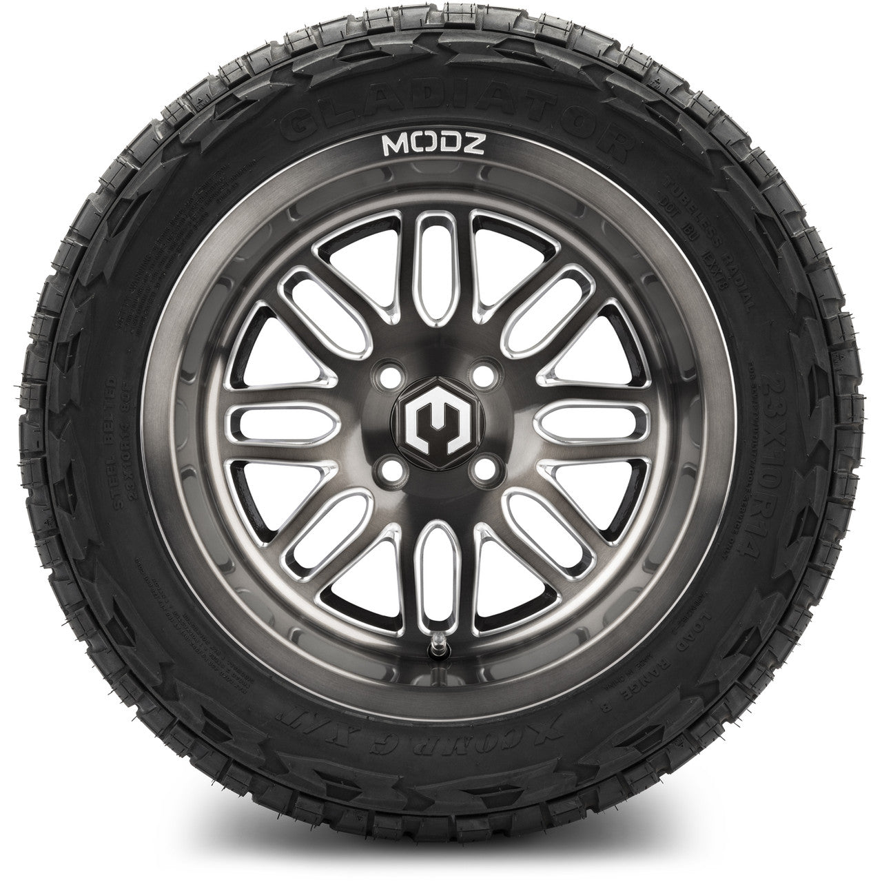 MODZ® 14" Mayhem Brushed Gunmetal with Ball Mill - Lifted Tires and Wheels Combo