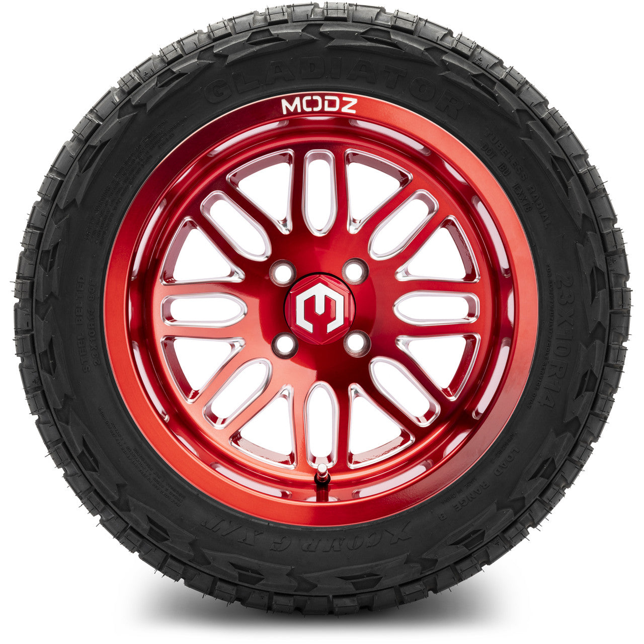 MODZ® 14" Mayhem Brushed Red with Ball Mill - Lifted Tires and Wheels Combo